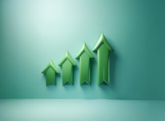 Poster - Five green arrows pointing upwards against a light blue background, symbolizing growth and progress.