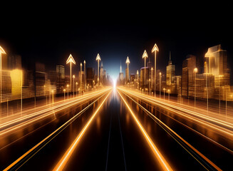 Poster - A glowing city skyline with a highway leading into the distance, lit by bright streaks of light and multiple golden arrows pointing upwards.