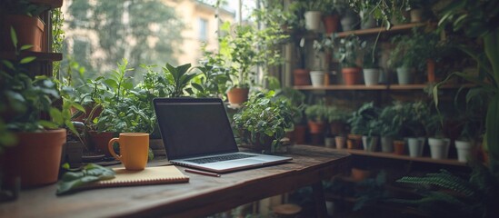 Wall Mural - Home office desk with a laptop coffee mug and notebook surrounded by natural light and plants emphasizing a calm and productive atmosphere Teleworking concept with side empty space for text