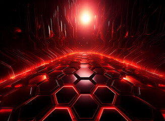 Poster - A glowing red light at the end of a long, narrow corridor lined with hexagonal panels.