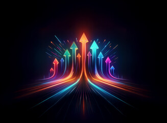 Poster - Multiple glowing neon arrows point upward, radiating light against a dark background, symbolizing growth and progress.