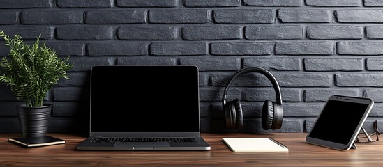 Fototapete - Laptop and smartphone on a home office desk with notes and headphones creating a remote work-ready setup Teleworking concept with side empty space for text Stockphoto style