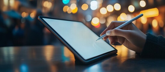 Wall Mural - Individual using a tablet and stylus at a cafe table focusing on creative remote work Teleworking concept with side empty space for text Stockphoto style