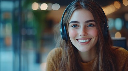 Fototapete - Smiling customer service representative in an office with a headset, warmly engaging in conversation, set in a professional workspace with side empty space for text Stockphoto style