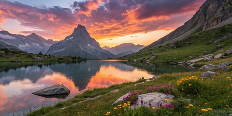 Wall Mural - Breathtaking Sunset Over a Serene Lake in the Swiss Alps - A Peaceful Retreat with Panoramic Scenery and Vibrant Colors Reflecting on the Water's Surface