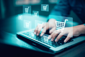 businessman hold smartphone with online shopping concept, marketplace website with virtual interface