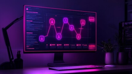 Poster - a sleek, modern monitor displays vibrant graphs and code on a dark background, illuminated by soft p