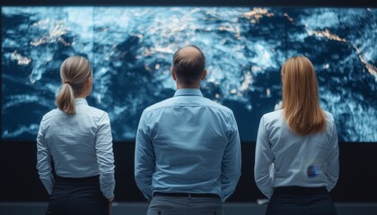 Poster - A group of professionals gazes at a large screen displaying a detailed view of Earth, highlighting global data and analytics.