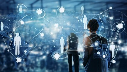 Global communication network concept with interconnected business nodes and human resources collaboration across worldwide platforms