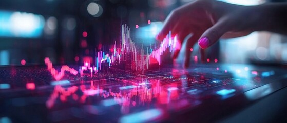 Poster - A hand hovers over a digital interface displaying vibrant, interactive data visualizations, symbolizing technology and analytics.