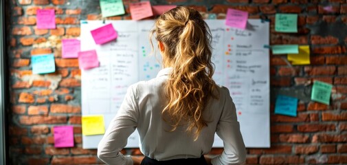 Poster - A young woman gazes at a wall covered with colorful sticky notes and a whiteboard, suggesting brainstorming or project planning.