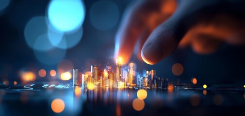 Poster - a hand interacts with a glowing, miniature cityscape, suggesting themes of technology, innovation, a