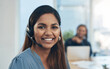 © peopleimages.com - Portrait, happy woman and headset in call center for customer support, telemarketing and contact in India. Consultant, smile and tech in agency for services, CRM and professional virtual assistant