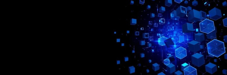 Poster - Modern tech banner featuring blue and black multisized cubes aligned in 3D render, technology, background