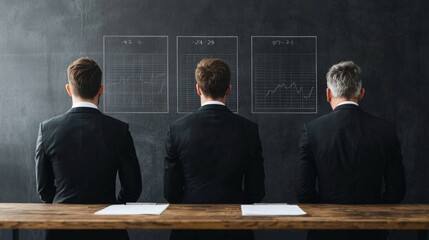 Poster - Three men in suits sit at a table, facing a blackboard with sketches, symbolizing collaboration or a business meeting.