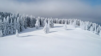 Snow-covered forest and open field under a clear winter sky.