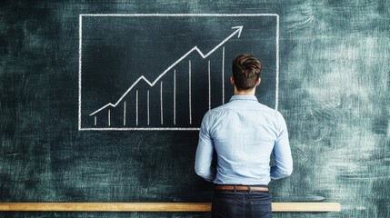 Poster - Businessman analyzing growth chart on chalkboard, focused on success and strategy.