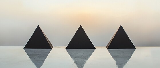 Poster - Three black pyramids are arranged in a row on a table