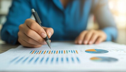 Poster - a person analyzing graphs and charts on paper while taking notes with a pen, indicating a focus on d