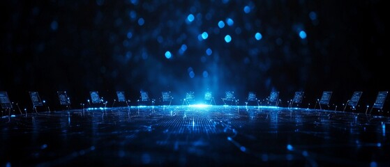 Poster - A dark, atmospheric scene featuring a mesmerizing blue light source surrounded by shimmering particles, creating a futuristic, digital ambiance.
