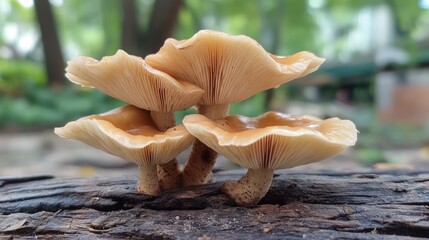 Wall Mural - A cluster of light brown mushrooms growing on a decaying log in a forest setting.