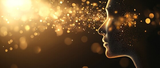 Poster - A silhouette of a profile surrounded by glowing particles, resembling a fusion of technology and art against a golden backdrop.