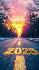 Poster - A road with a yellow line and the number 2025 written on it