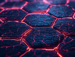 Poster - A vibrant close-up of hexagonal patterns showcasing a glowing, textured surface resembling lava or molten material with bright red accents.