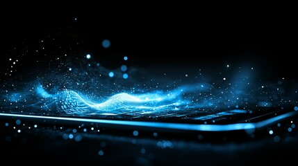 Poster - A vibrant digital scene showcasing a glowing phone with dynamic, shimmering blue water patterns, conveying technology and fluidity.
