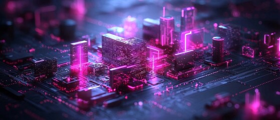 Poster - a vibrant, futuristic cityscape formed from electronic circuits, illuminated with neon pink lights a