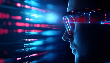 Poster - A person wearing glasses is illuminated by colorful digital lights, symbolizing technology and data analysis in a futuristic setting.