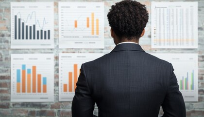 Poster - a professional looking at business charts on a wall, analyzing data trends for informed decision-mak