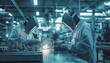 © Nan sarin - AI generator image of production of valves in a vacuum technology facility. Show the precise manufacturing process, focusing on the machinery and tools. Two workers in professional light gray welder