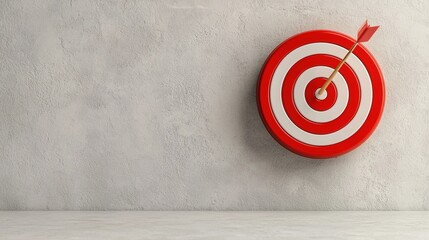 Poster - A red and white target with an arrow striking its center, set against a textured gray background, symbolizing goal achievement and focus.