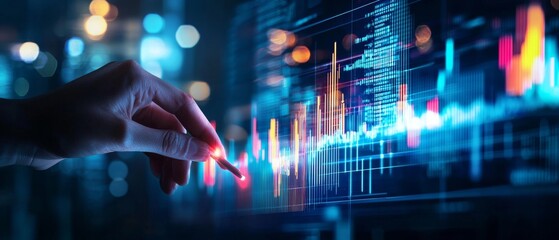 Poster - a hand interacts with a digital graph displaying vibrant data analytics and trends, representing mod