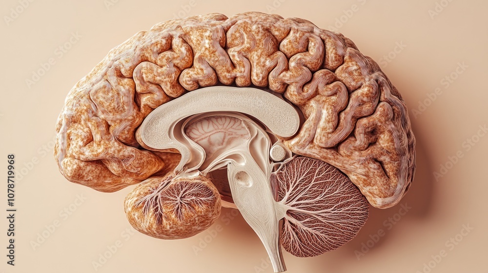 A detailed anatomical model of the human brain, showing the cerebrum ...