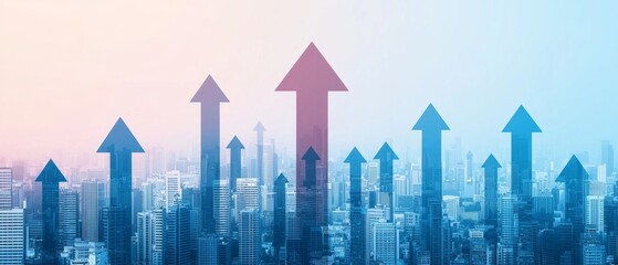 Poster - a stylized image showing upward arrows rising above a city skyline, symbolizing growth, progress, an