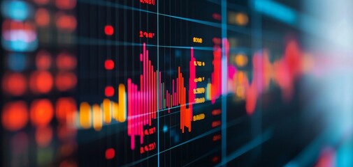 Poster - a vibrant graph displaying financial data trends with red and green bars on a dark background, symbo