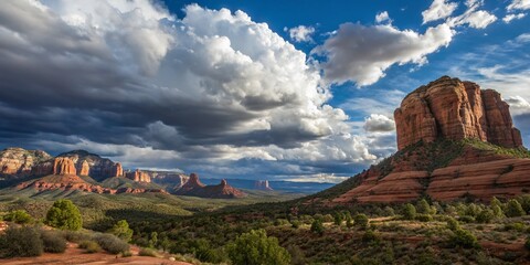 Wall Mural - Captivating Views of Sedona Arizona's Iconic Red Rock Formations with Stunning Cloudy Skies and Open Landscape for Nature and Travel Enthusiasts