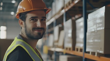 Wall Mural - Smiling warehouse worker in hardhat looks over his shoulder.