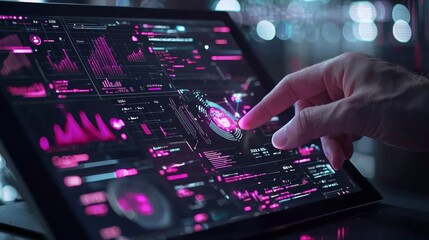 Poster - A hand interacts with a vibrant digital interface displaying graphs and data analytics, featuring neon pink hues against a dark background.