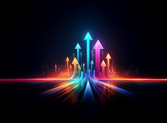 Aufkleber - A dark background with glowing neon arrows pointing upwards on a horizon of lines of light.