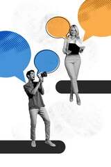 Aufkleber - Vertical photo collage of two happy young guy scream megaphone old woman clipboard bubble communication isolated on painted background