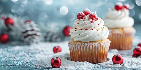 Aufkleber - Christmas cupcakes in the center and up close against a light blue background covered in snow with a large content area for background usage, Generative AI.
