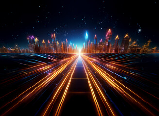 Poster - A futuristic cityscape with glowing skyscrapers and a long, illuminated road leading towards the horizon.