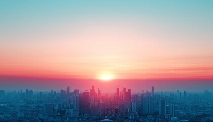Poster - A vibrant sunset over a city skyline, featuring hues of pink, orange, and blue, casting a serene glow on the buildings below.