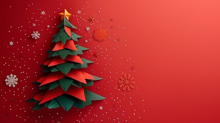Poster - A detailed view of featuring a large content area for writing a colorful paper Christmas tree with branches and snowflakes on a red backdrop, Generative AI.