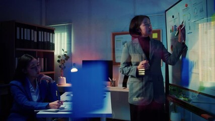 Aufkleber - Asian businesswoman is standing and presenting marketing data on a whiteboard to her colleague in a meeting room at night