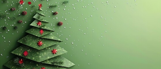 Poster - A detailed view of featuring a large content area for writing a colorful paper Christmas tree with branches and snowflakes on a green backdrop, Generative AI.