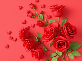 Red bright wall background with roses beautiful floral wallpaper with romantic elegant flowers 3d render, floral, red